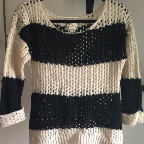 Pink Rose stripe black beige cream sweater knit crochet net - Picture 2 of 4